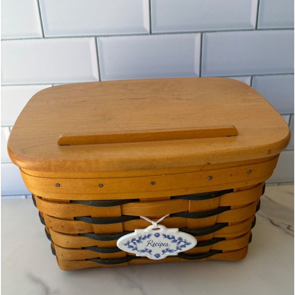 Longaberger Recipe Basket with Wood Lid Dividers and Cards Woven Kitchen Decor